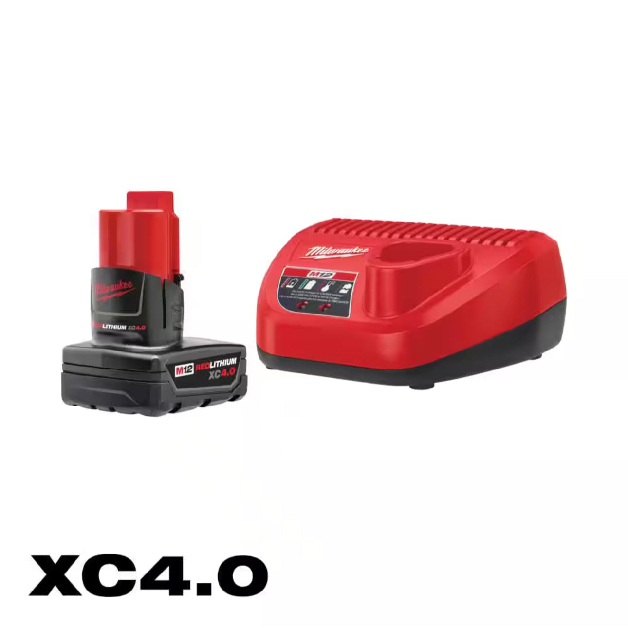 Milwaukee M12 Lithium-Ion XC Battery Pack 4.0 Ah and Charger Starter Kit, red and black in color.