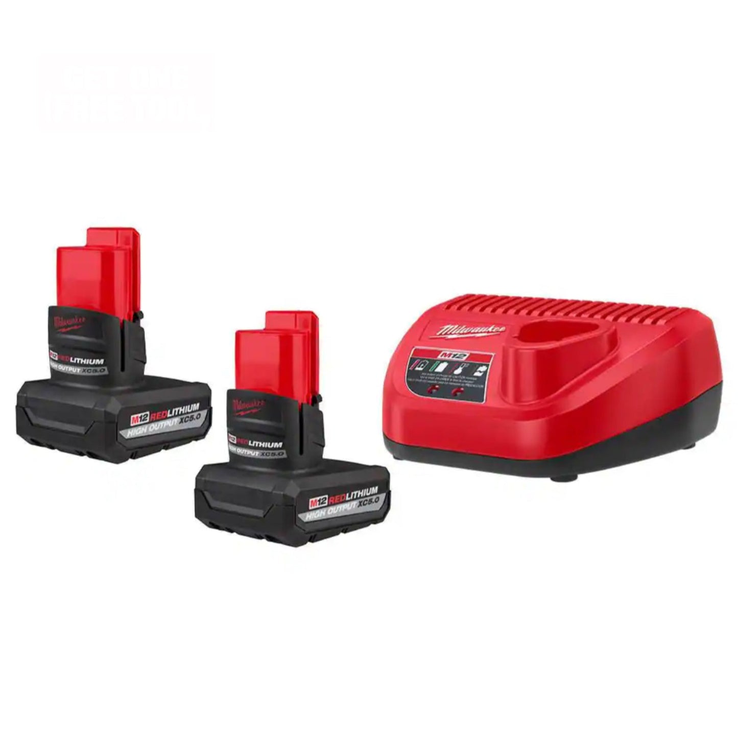 Two red Milwaukee M12 XC 5.0 Ah lithium-ion battery packs with a charger.