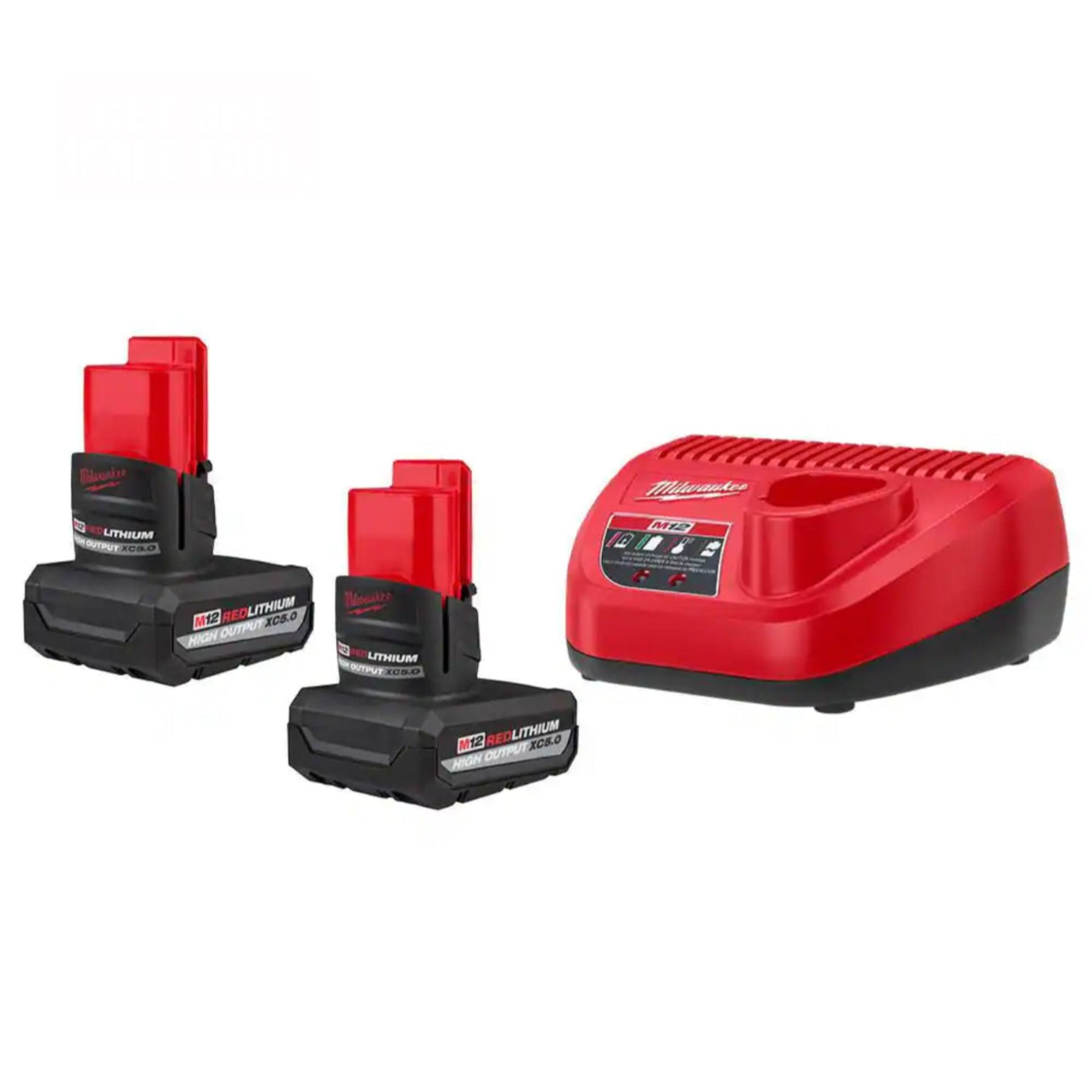 Two red Milwaukee M12 XC 5.0 Ah lithium-ion battery packs with a charger.
