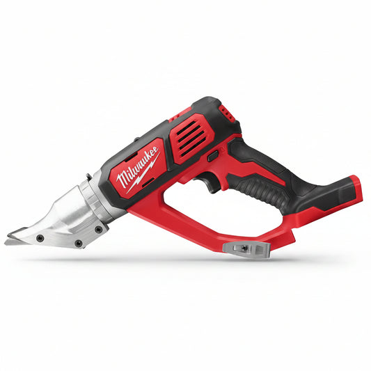 Milwaukee cordless hedge trimmer with red and black body, silver metal blade, and red trigger guard on a white background.