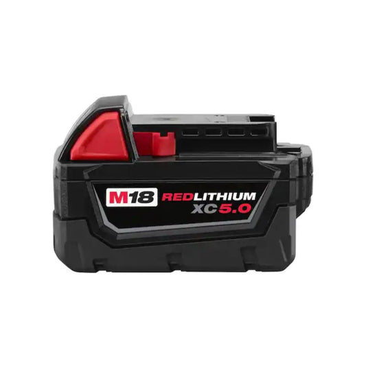 Milwaukee M18 Red lithium XC 5.0 Ah battery pack with black and red coloring and brand labeling.