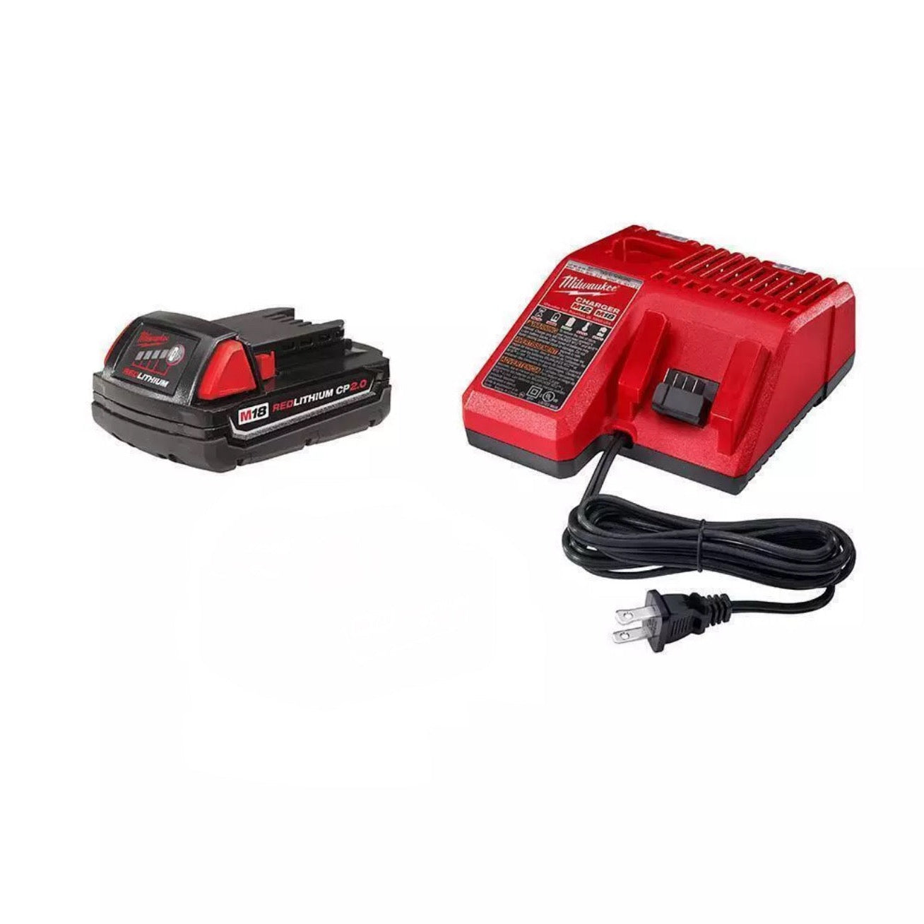 An image showing a Milwaukee M18 CP2.0 battery in black and red color, alongside a red M18 & M12 battery charger with a black power cord.
