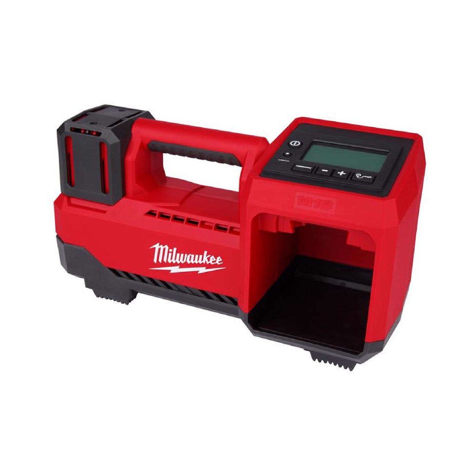 Red Milwaukee tool charger on a white background