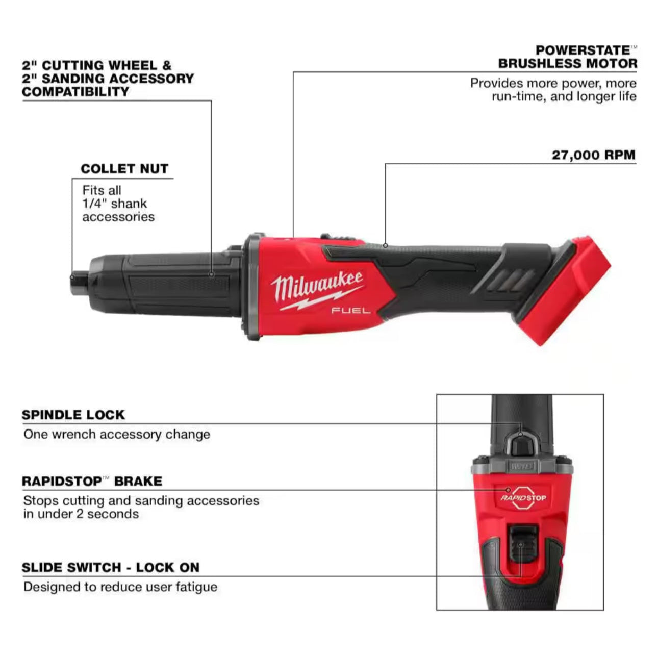 Milwaukee M18 FUEL 2939-20 Cordless 1/4 in. Die Grinder Compatible with All M18 Batteries