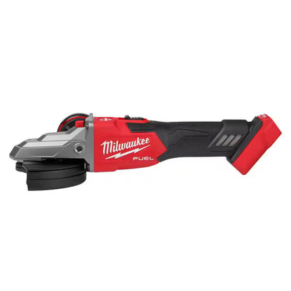 Milwaukee M18 FUEL™ 5" Flathead Braking Grinder with Slide Switch Lock-On 2887-20 featuring a POWERSTATE™ Brushless Motor, RAPIDSTOP™ Brake, and flathead design for professional metal fabrication.