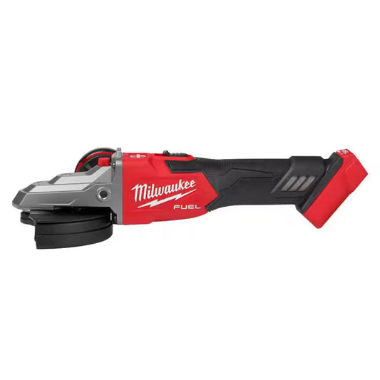 Red Milwaukee angle grinder on a white background