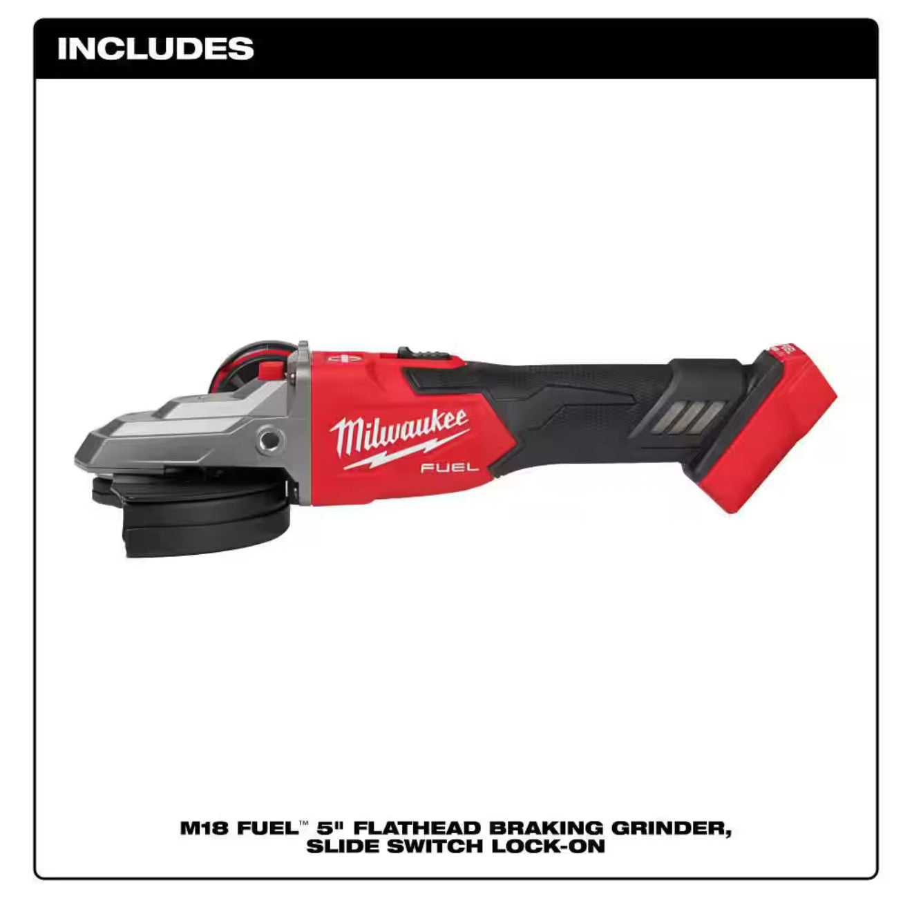 Milwaukee M18 FUEL™ 5" Flathead Braking Grinder with Slide Switch Lock-On 2887-20 featuring a POWERSTATE™ Brushless Motor, RAPIDSTOP™ Brake, and flathead design for professional metal fabrication.