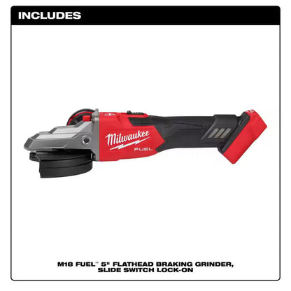 Milwaukee M18 FUEL™ 5" Flathead Braking Grinder with Slide Switch Lock-On 2887-20 featuring a POWERSTATE™ Brushless Motor, RAPIDSTOP™ Brake, and flathead design for professional metal fabrication.