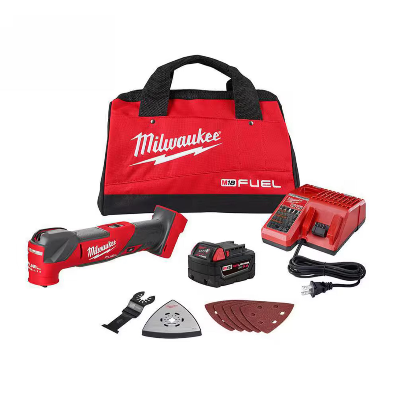 Milwaukee tool kit with cordless Oscillating Multi-Tool, battery, charger, and accessories