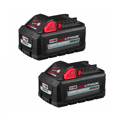 Two Milwaukee M18 REDLITHIUM HIGH OUTPUT XC 6.0 Ah battery packs