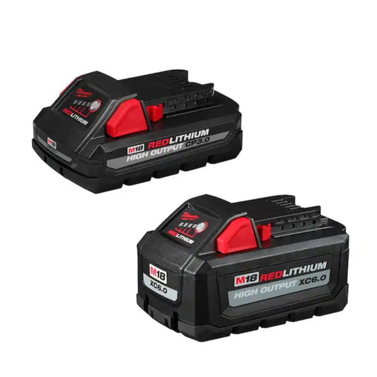 Two Milwaukee M18 RedLithium High Output batteries, one 6.0 Ah and one 3.0 Ah, in black with red accents.