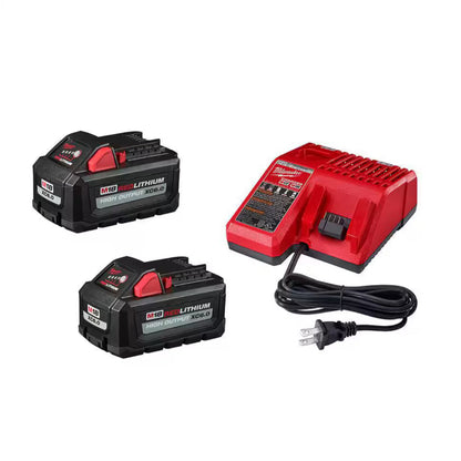 Two Milwaukee M18 REDLITHIUM HIGH OUTPUT XC 6.0 Ah battery packs with a Milwaukee M8M12 Charger predominantly black with red and gray accents.