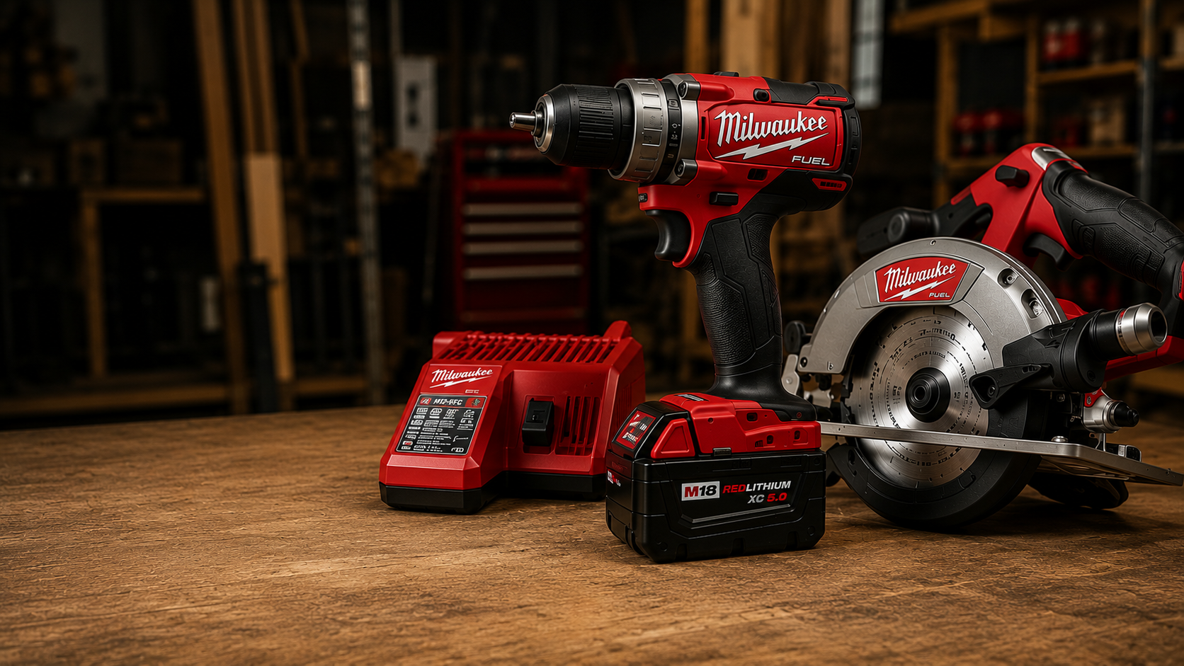 Milwaukee cordless power tools on a wooden workbench in a workshop setting, including a red and black cordless drill, a circular saw, a red battery, and a red charger.