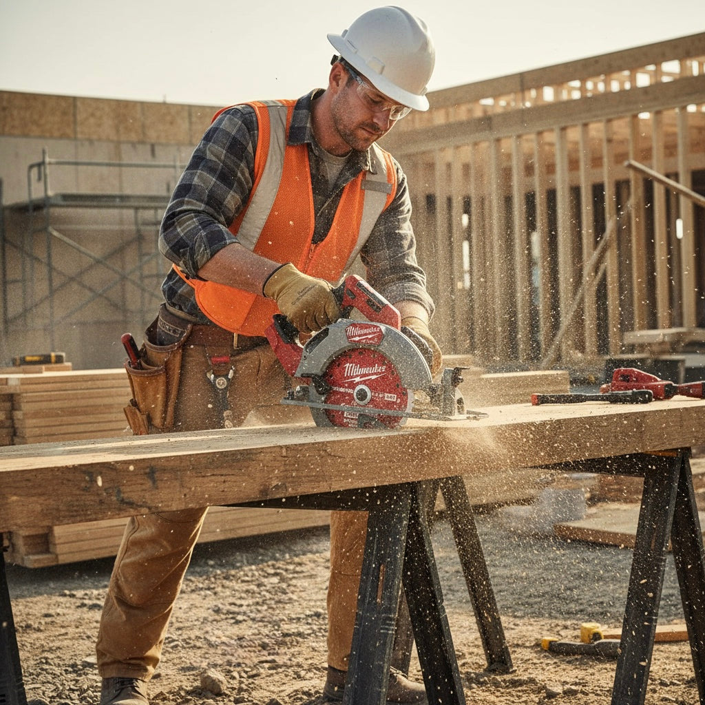 A construction worker uses a Milwaukee circular saw to cut a wooden beam at a construction site.