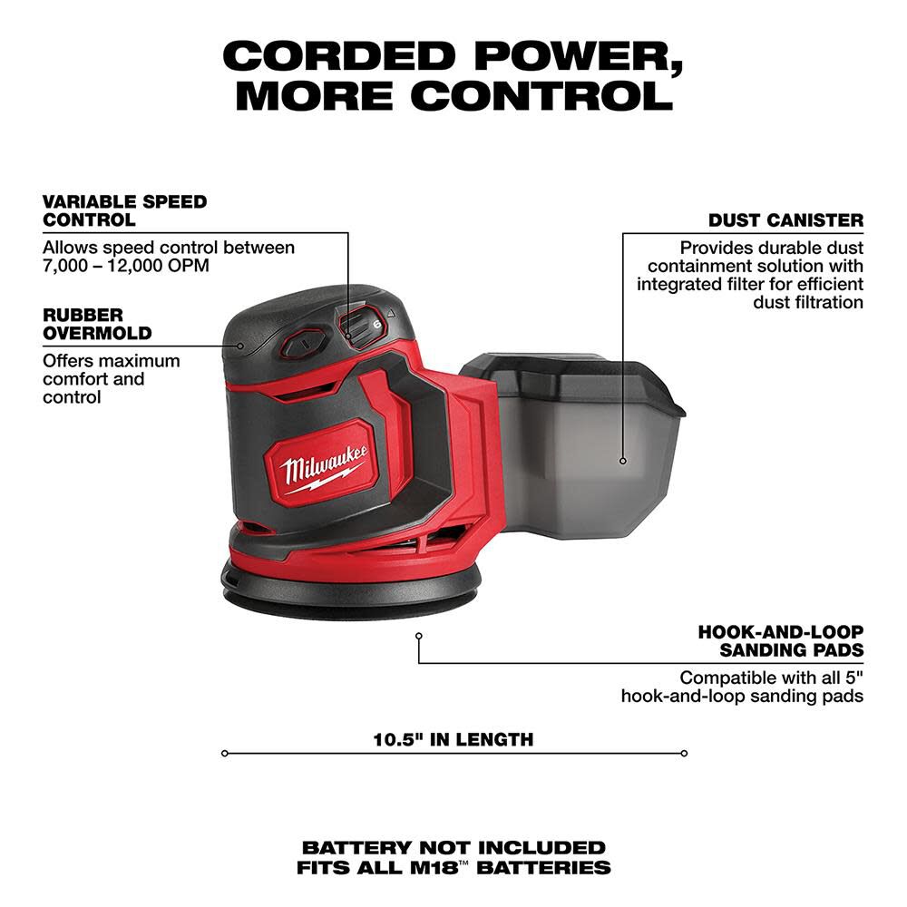 Genuine Milwaukee M18 Random Orbital Sander 2648-20 for Cabinet Making, Furniture Refinishing, and Surface Preparation