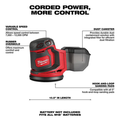 Genuine Milwaukee M18 Random Orbital Sander 2648-20 for Cabinet Making, Furniture Refinishing, and Surface Preparation